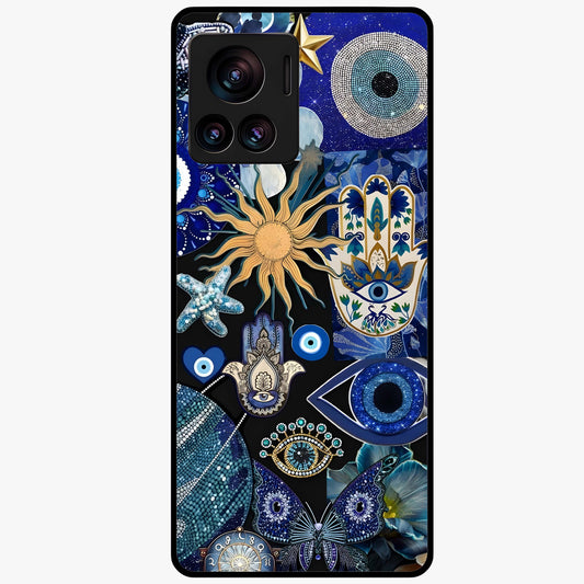 Evil Eye Charm Mix Glass Case showing flat back view with multiple evil eye charms artwork and glossy glass finish.