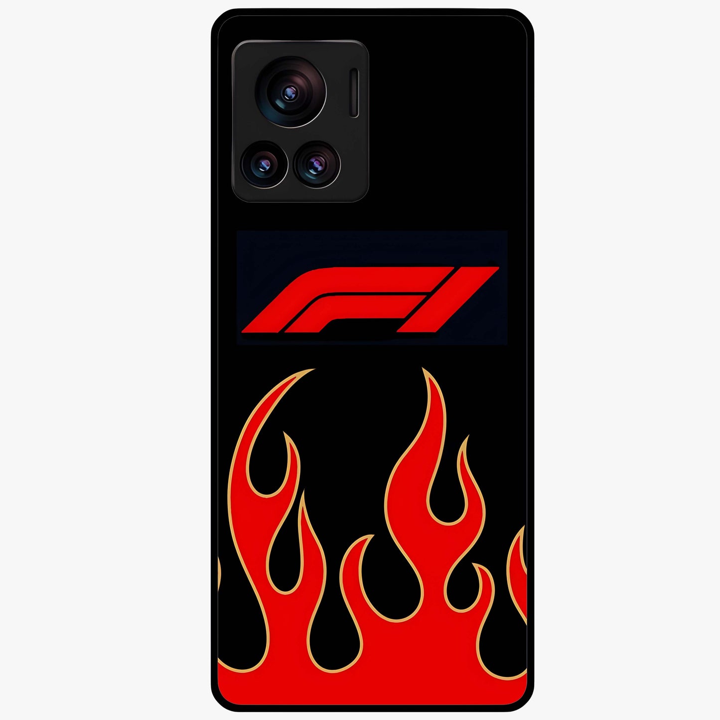 Fire F11 Glass Case showing flat back view with fiery themed artwork and glossy glass finish.
