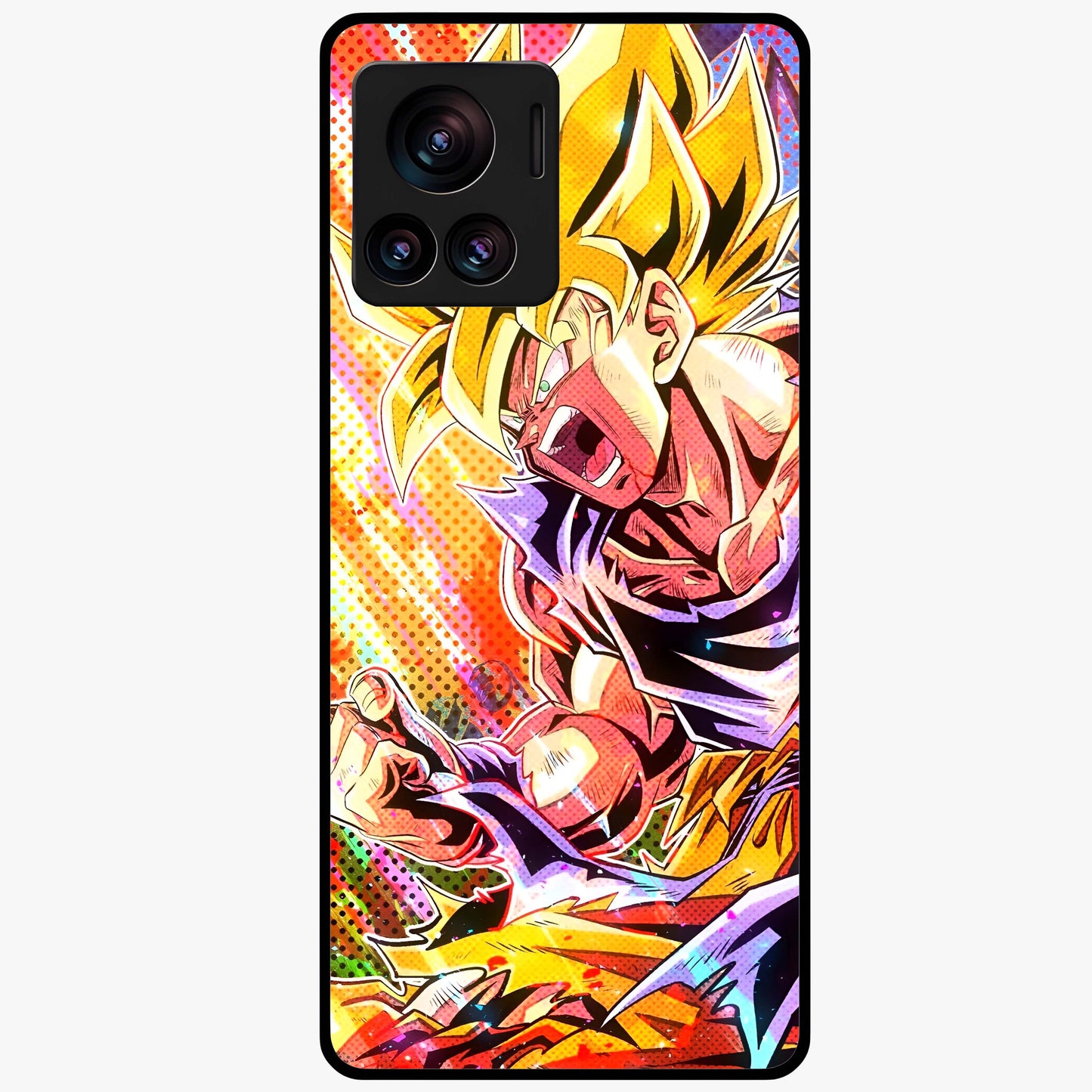 Firing Goku Glass Case showing flat back view with powerful anime inspired artwork and glossy glass finish.