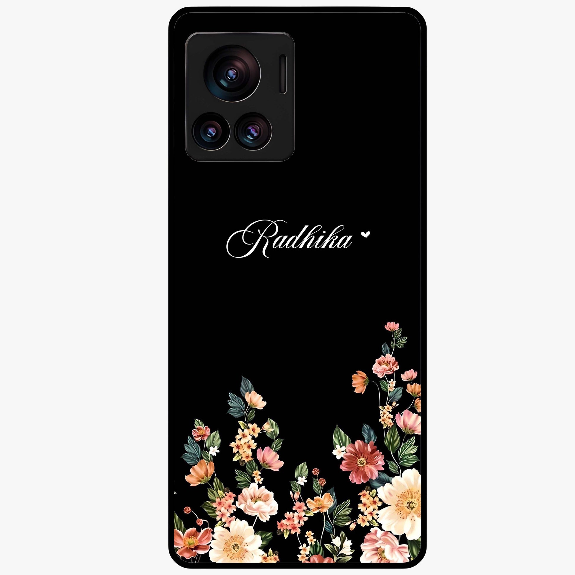 Floral Design With a Custom Personalized Name Glass Case showing flat back view with floral artwork and personalized name design.