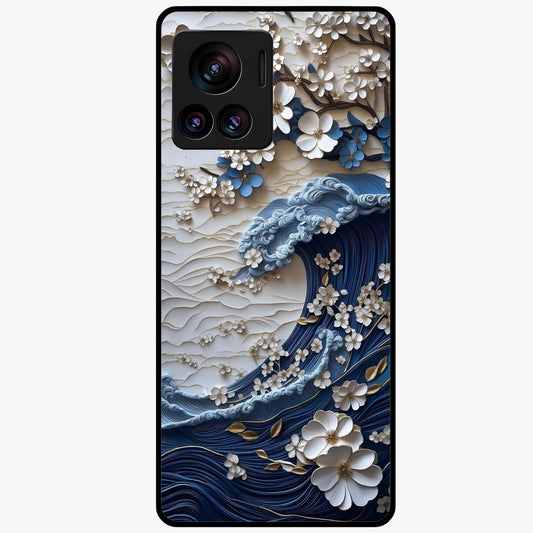 Floral Wave Origami Glass Case showing flat back view with origami inspired floral wave artwork and glossy glass finish.