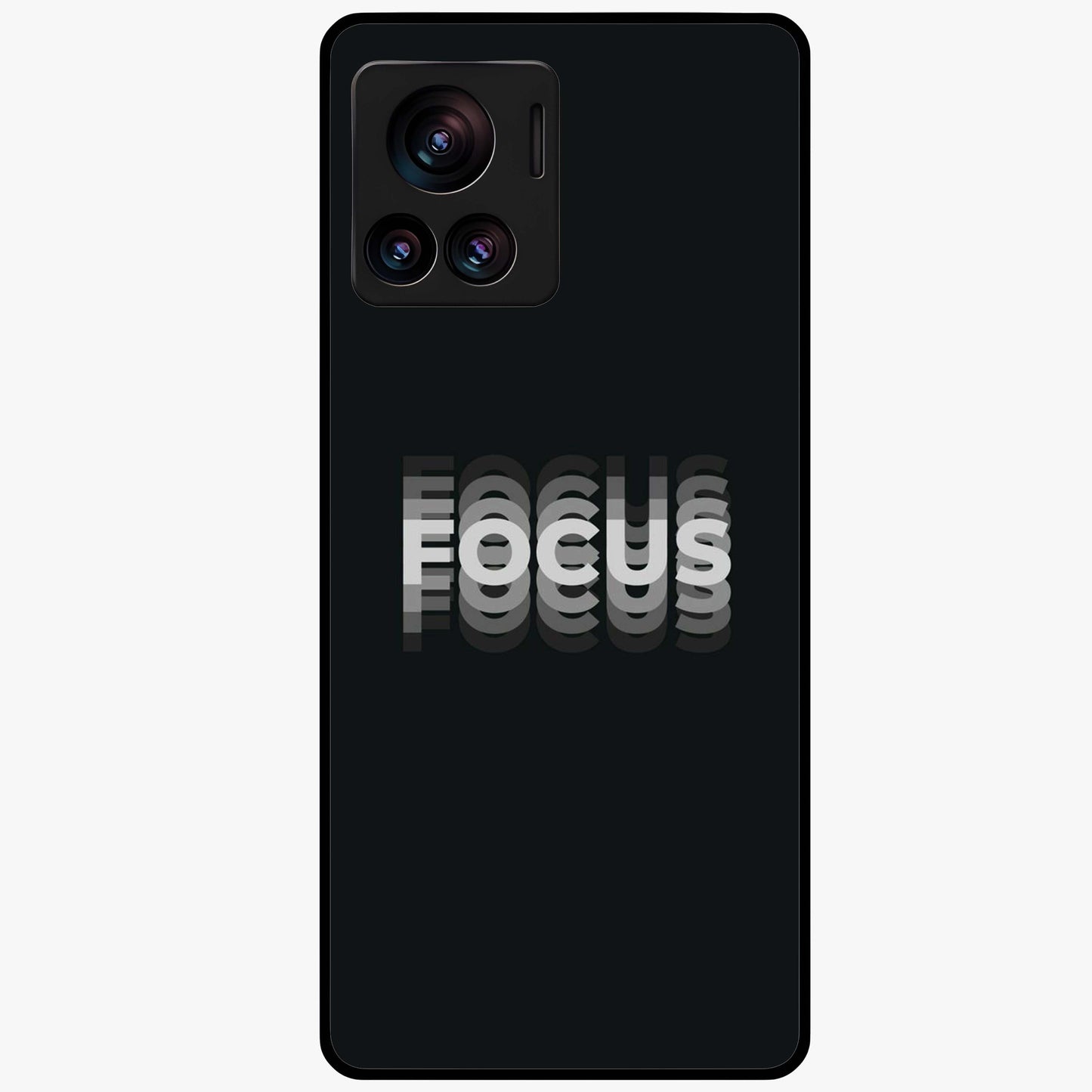 Focus Mode On Glass Case showing flat back view with bold motivational typography design and glossy glass finish.