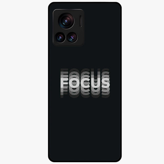 Focus Mode On Glass Case showing flat back view with bold motivational typography design and glossy glass finish.