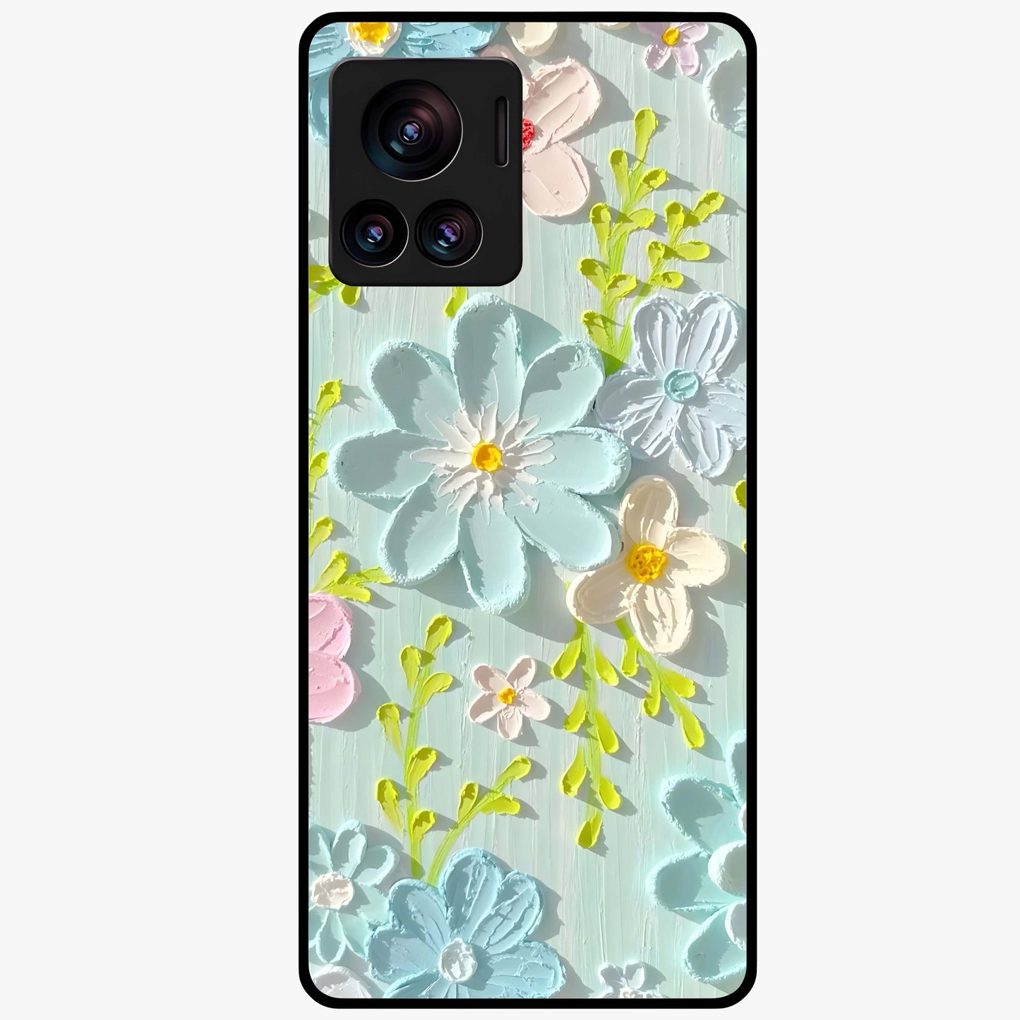 Frosted Petal Garden Glass Case showing flat back view with soft frosted floral artwork and glossy glass finish.