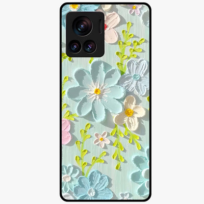 Frosted Petal Garden Glass Case showing flat back view with soft frosted floral artwork and glossy glass finish.