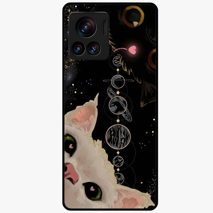 Galactic Cat Glass Case showing flat back view with cosmic cat artwork and glossy glass finish.