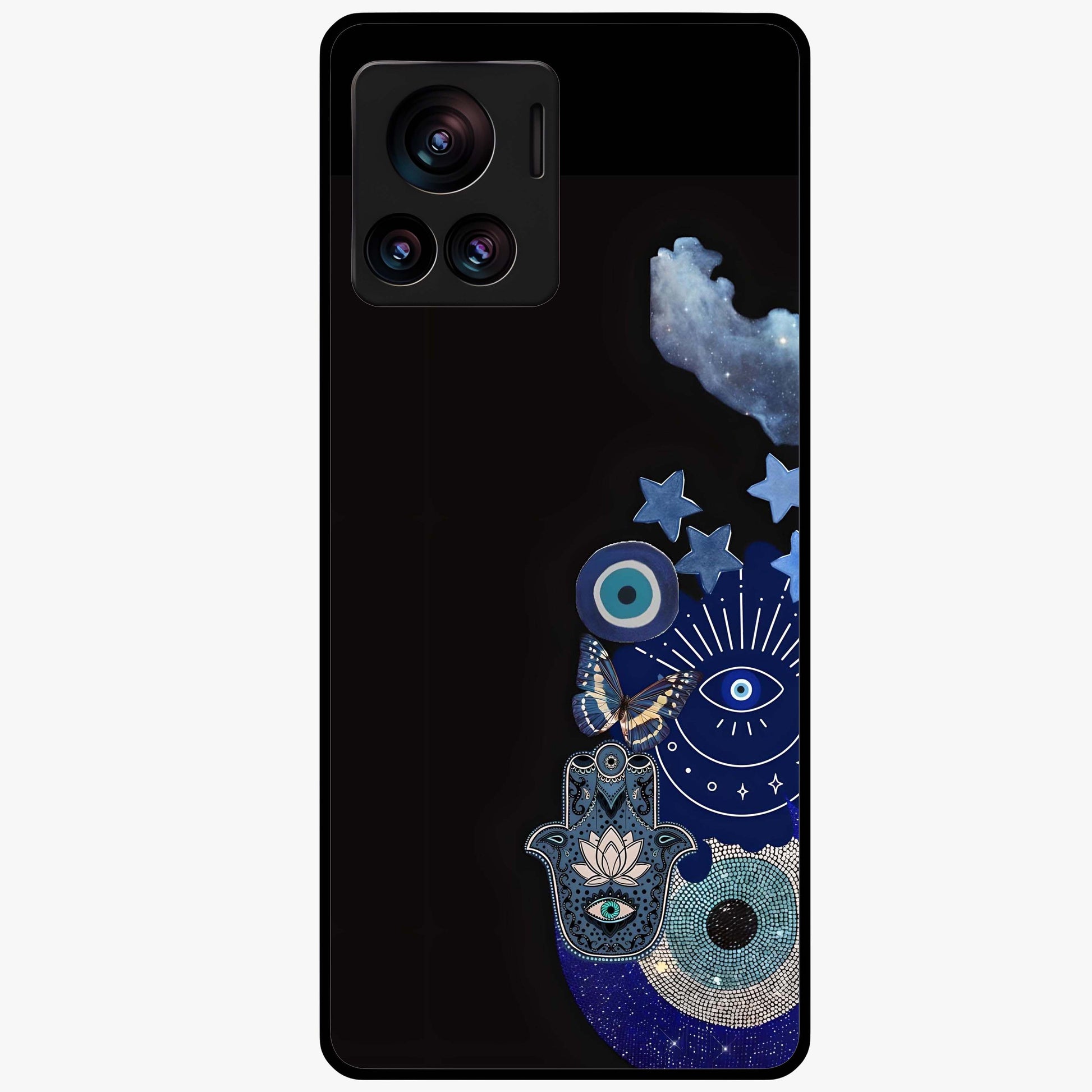 Galactic Charm Cluster Glass Case showing flat back view with glowing celestial charm artwork and glossy glass finish.