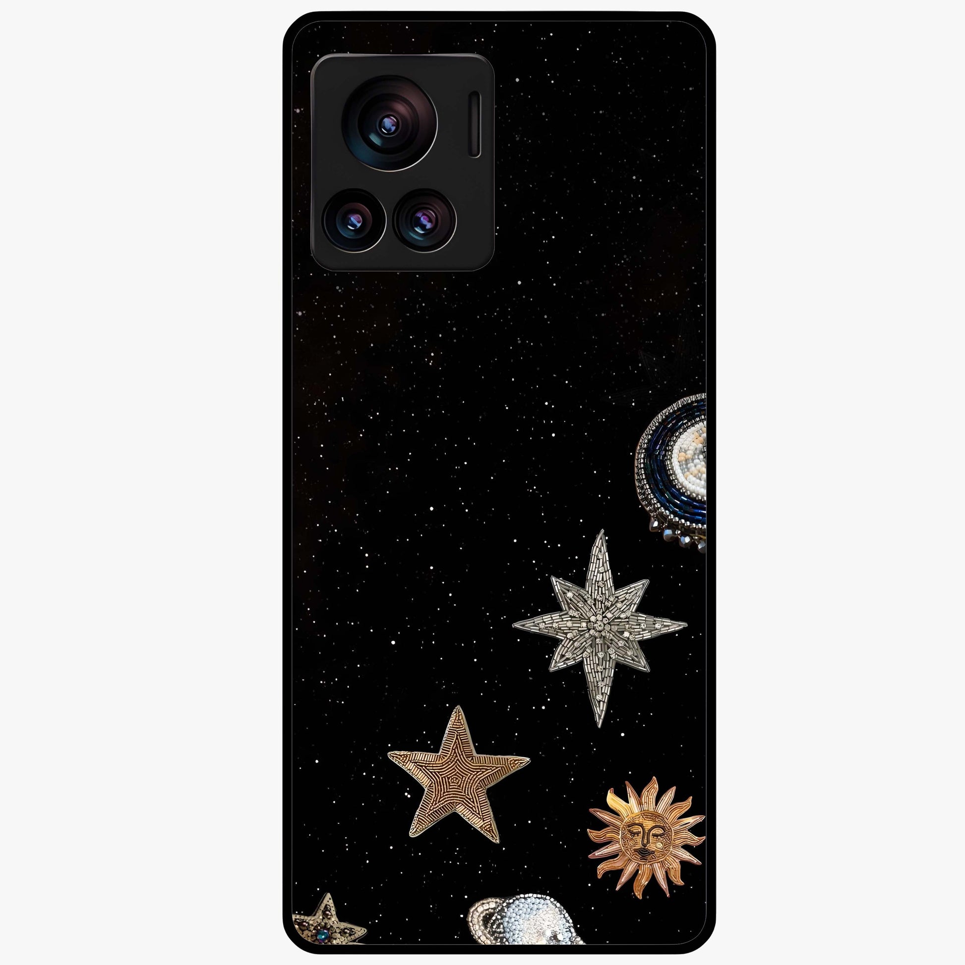 Galactic Charm Glow Glass Case showing flat back view with glowing celestial charm artwork and glossy glass finish.