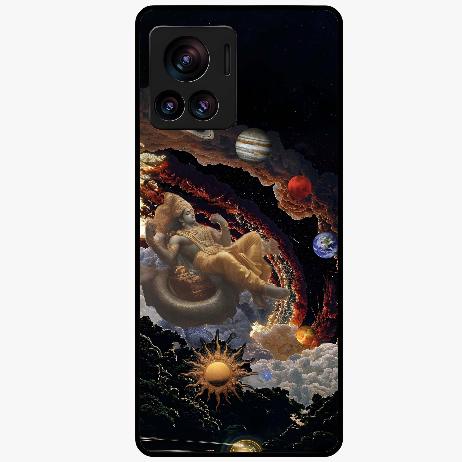Galactic Divine God Glass Case showing flat back view with divine cosmic themed artwork and glossy glass finish.
