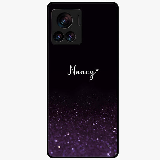 Glittery Purple Bokeh Custom Name Glass Case showing flat back view with purple bokeh sparkle artwork and personalized name design.