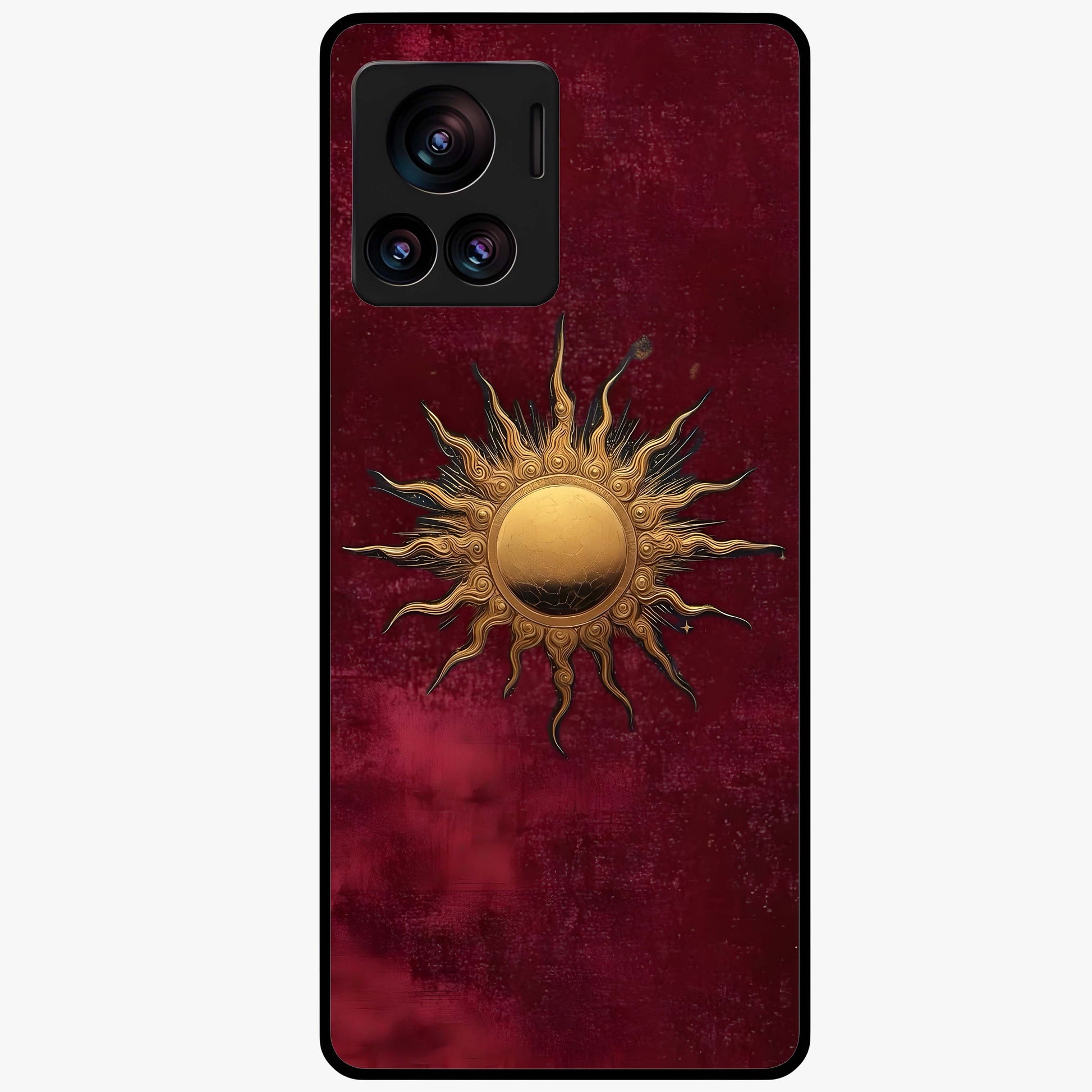 Gold Sun Blush Glass Case showing flat back view with golden sun inspired artwork and glossy glass finish.