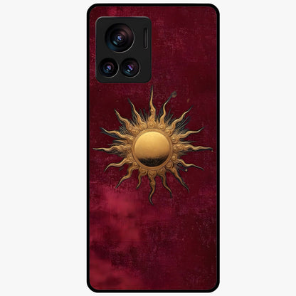 Gold Sun Blush Glass Case showing flat back view with golden sun inspired artwork and glossy glass finish.