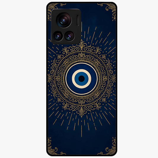 Golden Evil Eye Mandala Glass Case showing flat back view with intricate evil eye mandala artwork and glossy glass finish.