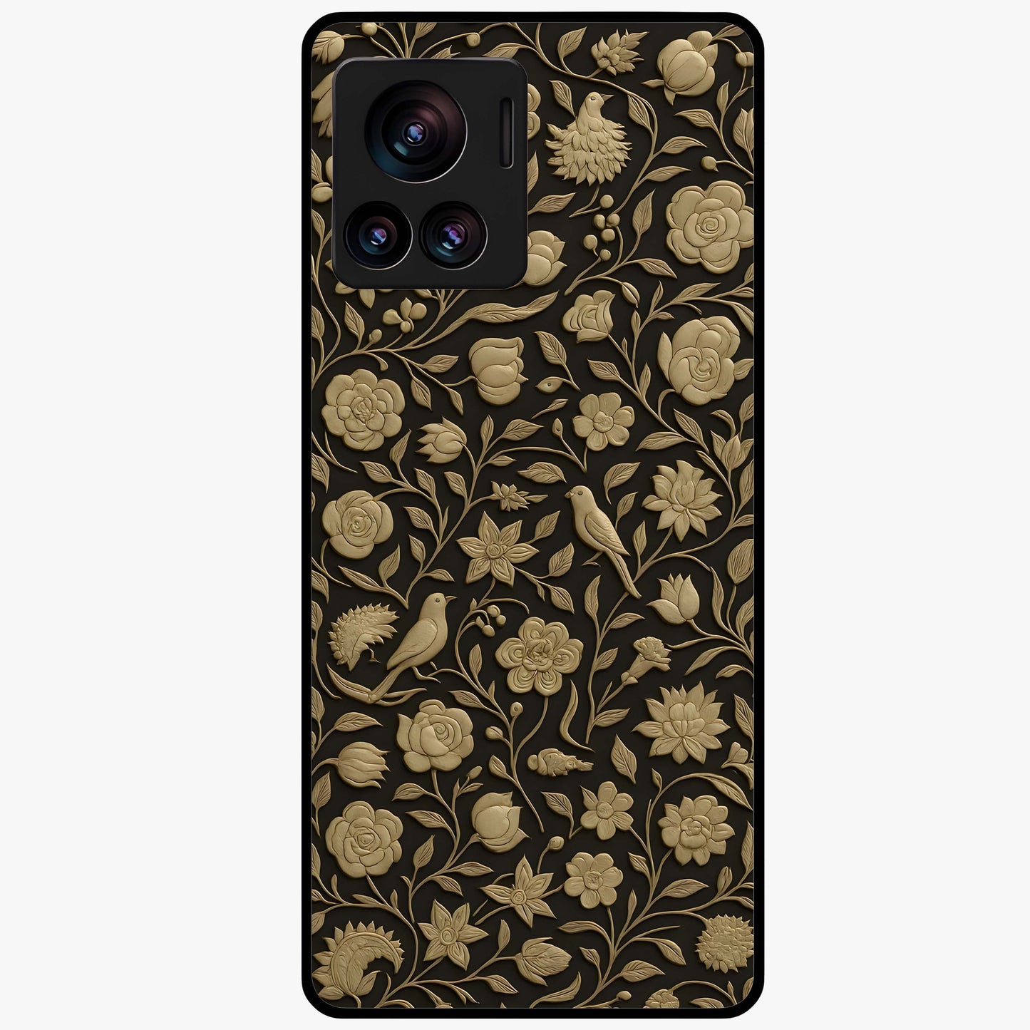 Golden Floral Majesty Glass Case showing flat back view with luxurious golden floral artwork and glossy glass finish.