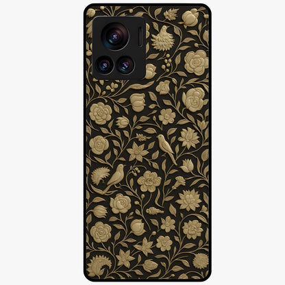 Golden Floral Majesty Glass Case showing flat back view with luxurious golden floral artwork and glossy glass finish.