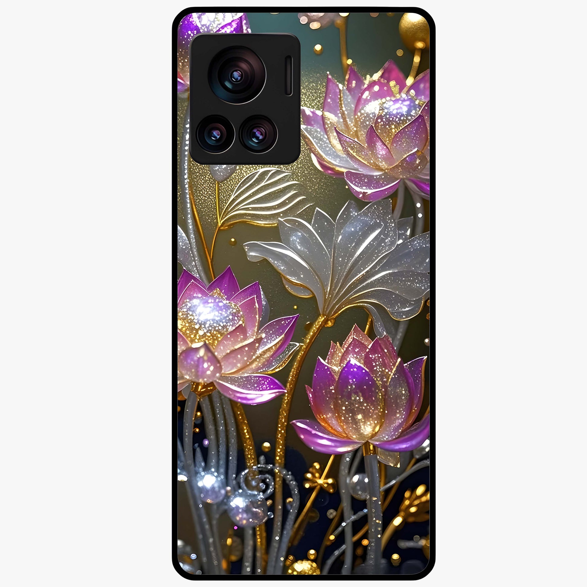Golden Lotus Glow Glass Case showing flat back view with glowing lotus flower artwork and glossy glass finish.