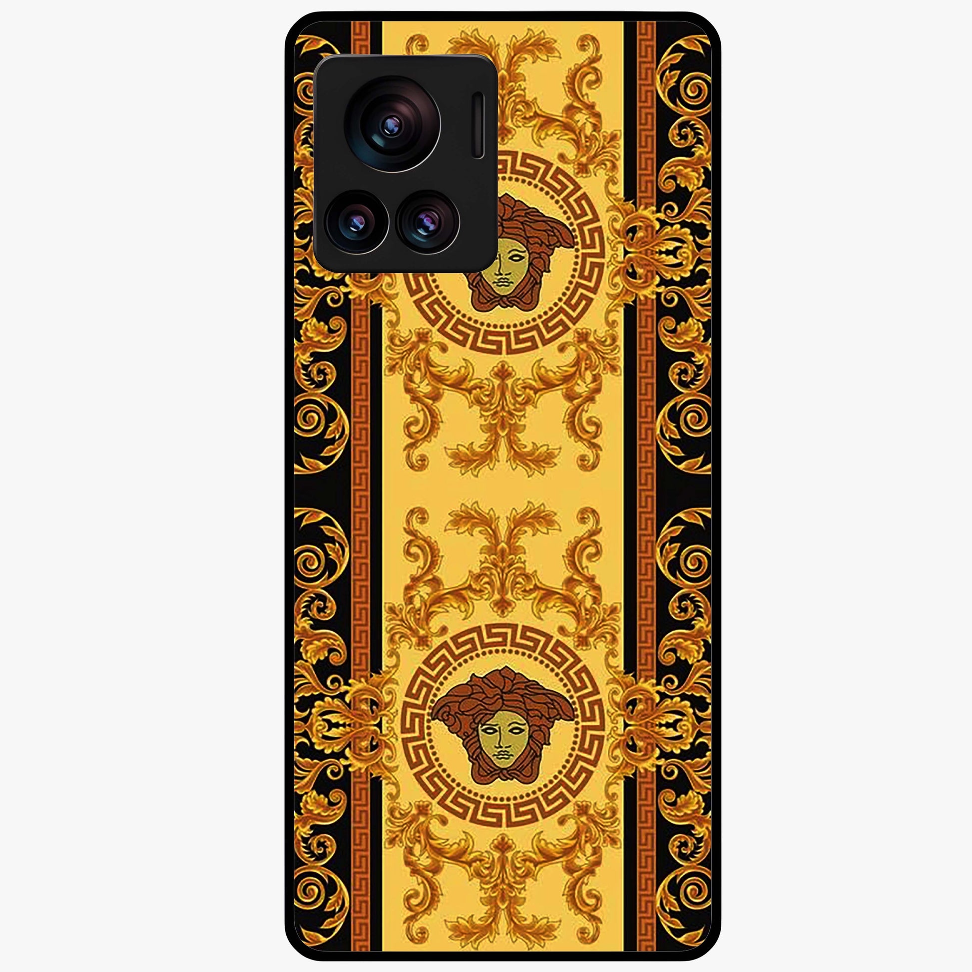 Golden Royal Heritage Glass Case showing flat back view with ornate royal pattern artwork and glossy glass finish.