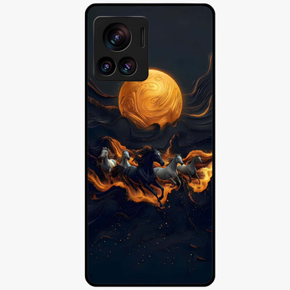 Golden Stallion Moonride Glass Case showing flat back view with majestic horse under moonlight artwork and glossy glass finish.