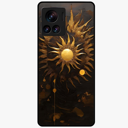 Golden Sun Majesty Glass Case showing flat back view with radiant golden sun artwork and glossy glass finish.