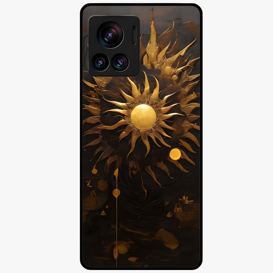 Golden Sun Majesty Glass Case showing flat back view with radiant golden sun artwork and glossy glass finish.