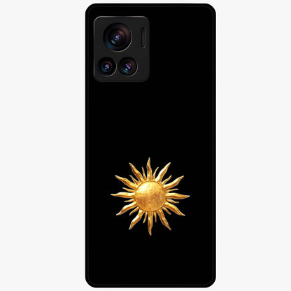 Golden Sun Minimalism Glass Case showing flat back view with minimal golden sun artwork and glossy glass finish.