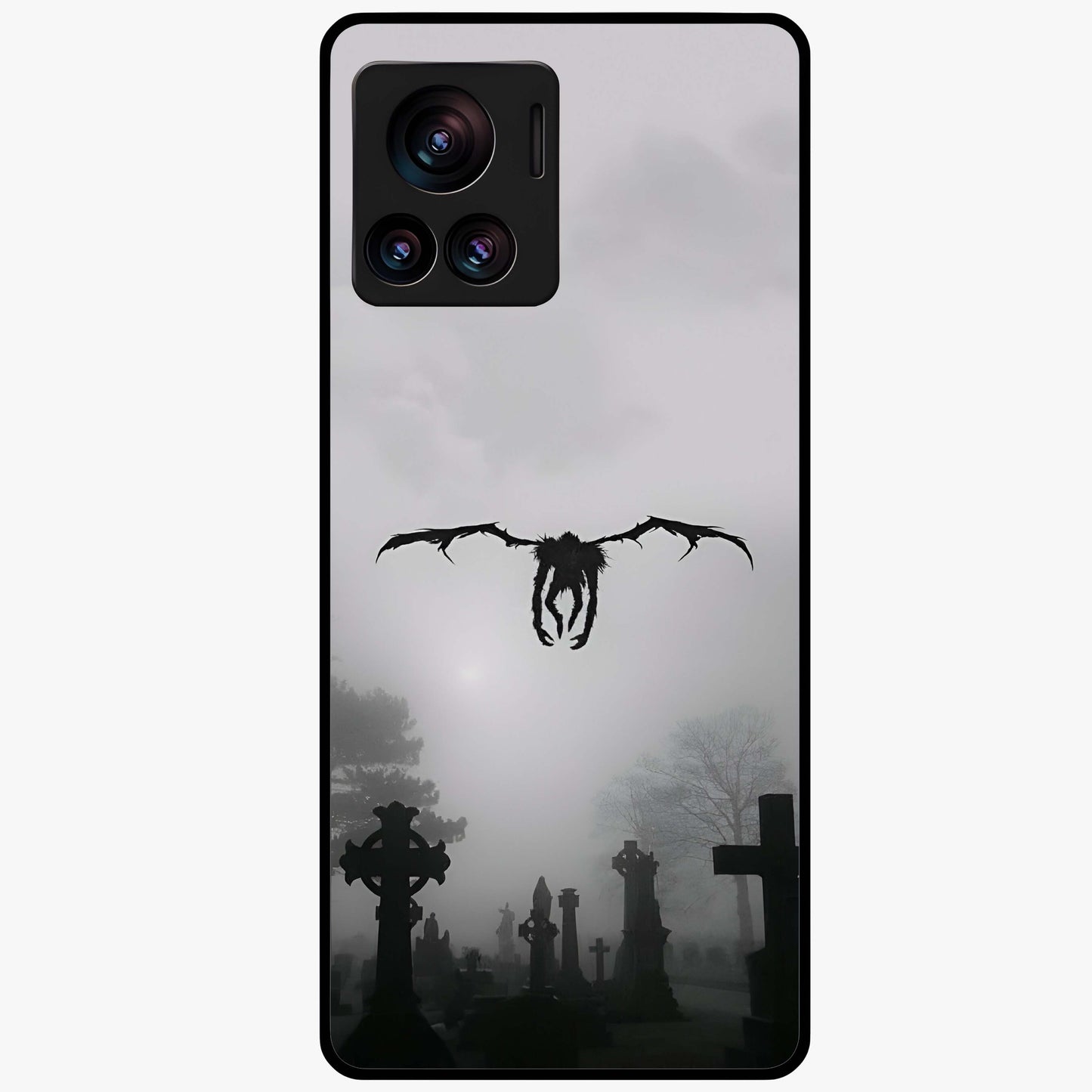Graveyard Shadow Descent Glass Case showing flat back view with dark graveyard themed artwork and glossy glass finish.