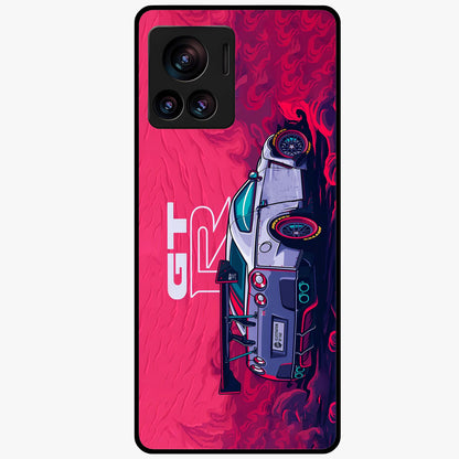 GT-R Car Pattern Glass Case showing flat back view with sporty car inspired pattern artwork and glossy glass finish.