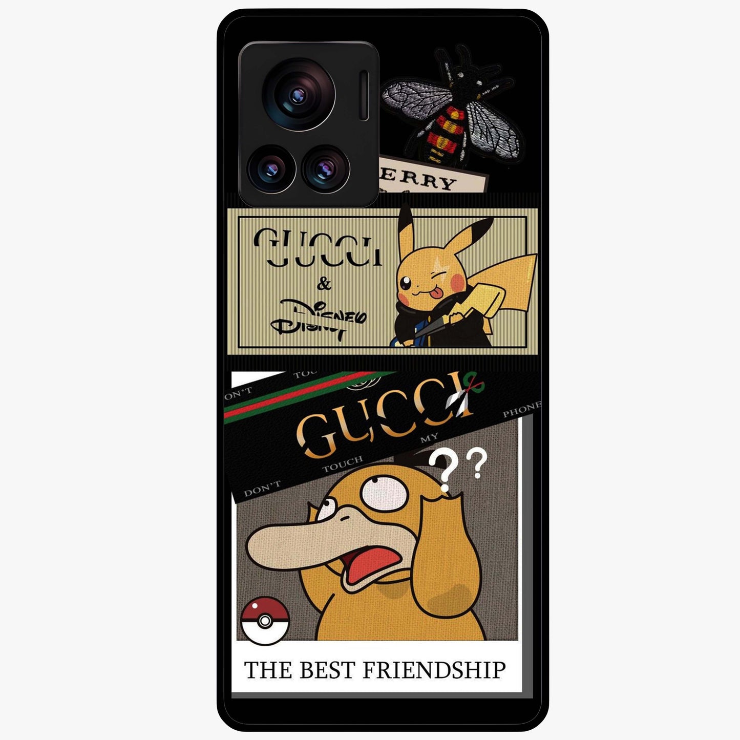 Gucci Play Mashup Glass Case showing flat back view with luxury inspired graphic artwork and glossy glass finish.