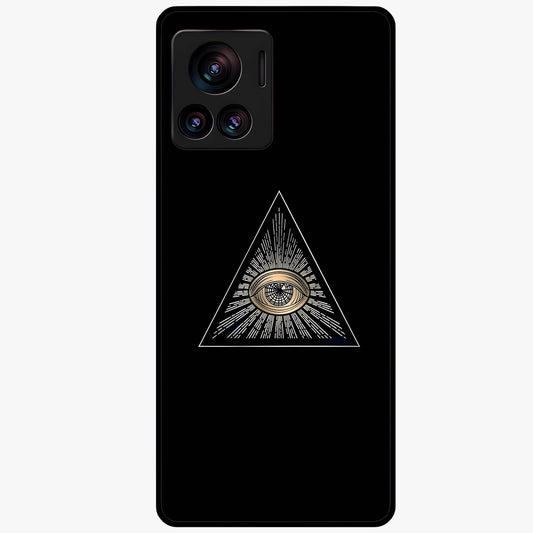 Illuminati Evil Glass Case showing flat back view with mysterious illuminati symbol artwork and glossy glass finish.