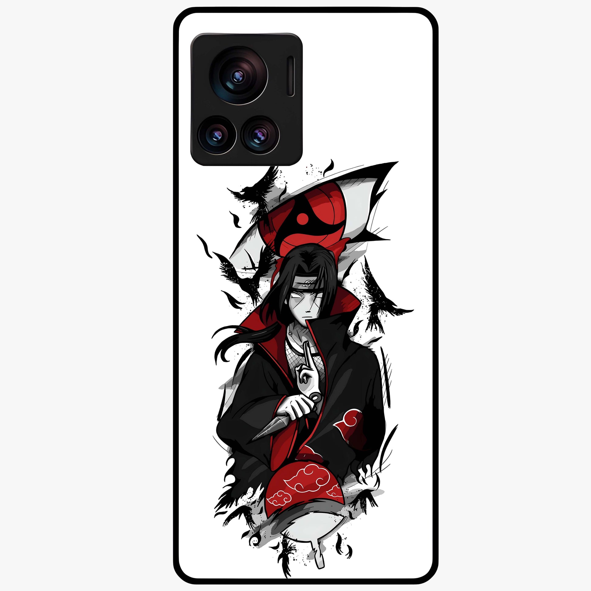 Itachi Sharingan Glass Case showing flat back view with powerful anime eye artwork and glossy glass finish.