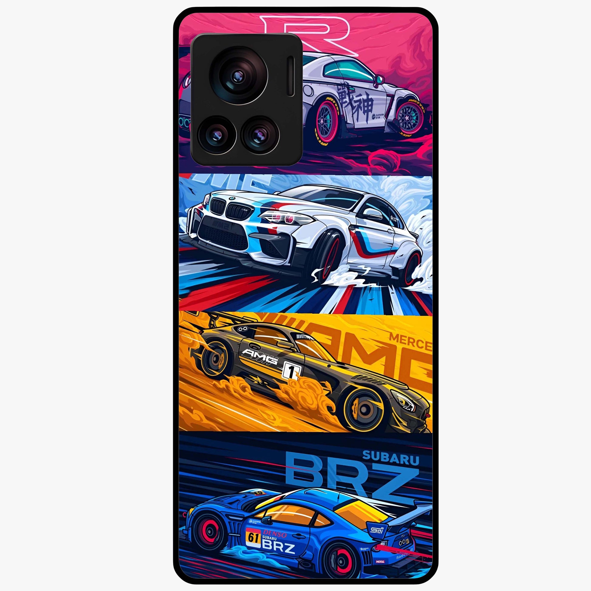 JDM Sports Car Glass Case showing flat back view with high performance sports car artwork and glossy glass finish.