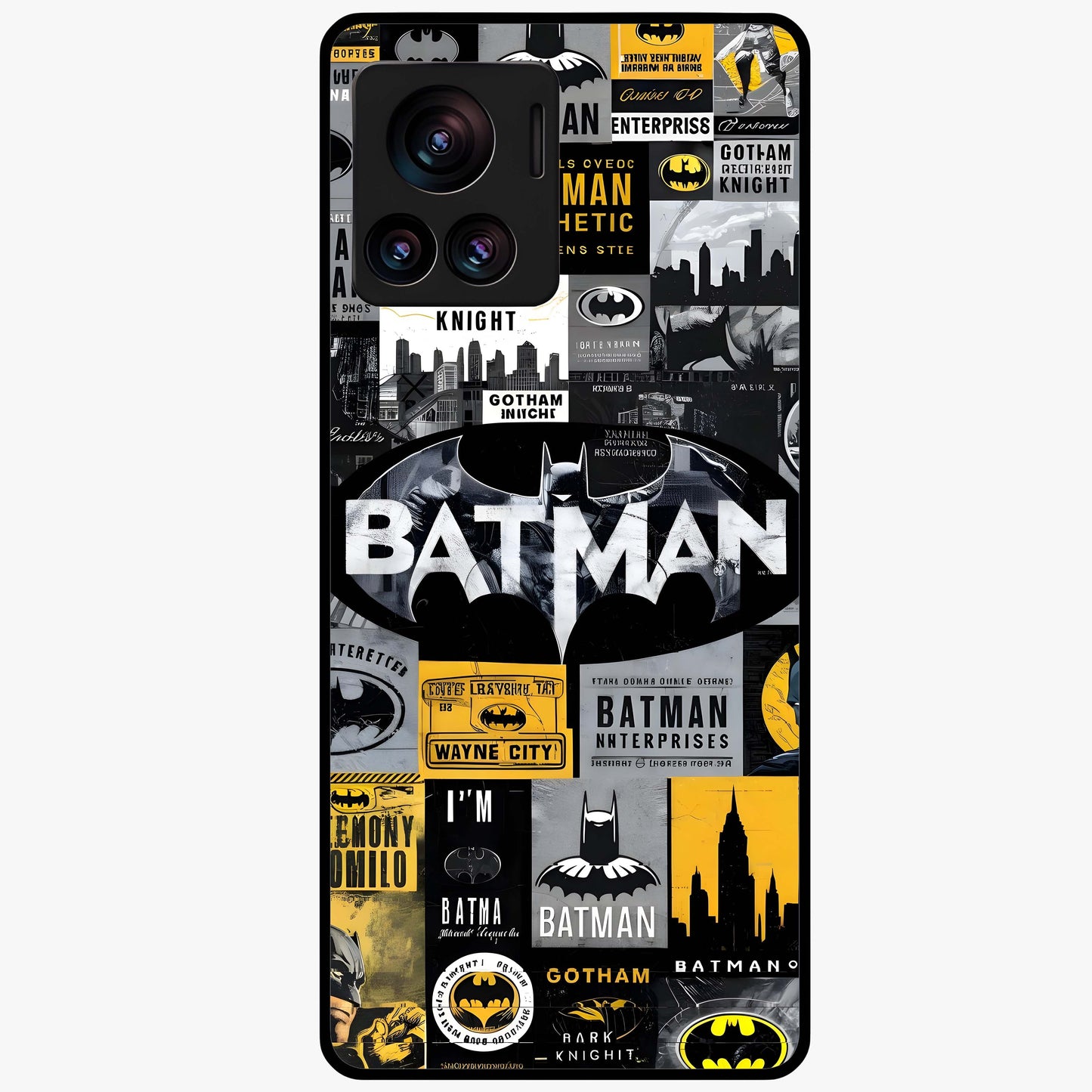 Knight Gotham Rise Glass Case showing flat back view with dark hero inspired artwork and glossy glass finish.