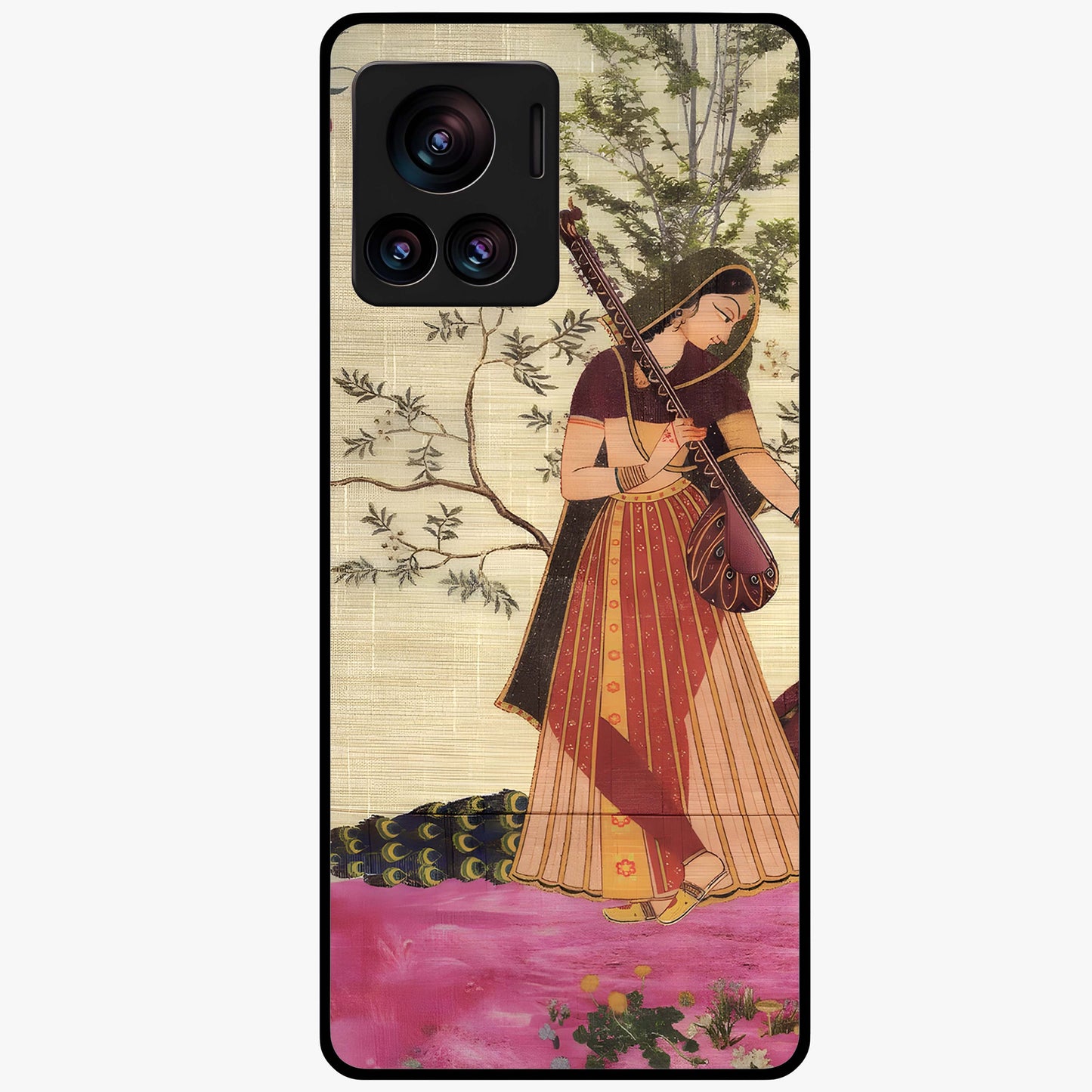 Lady With Veena Art Glass Case showing flat back view with elegant woman playing veena artwork and glossy glass finish.