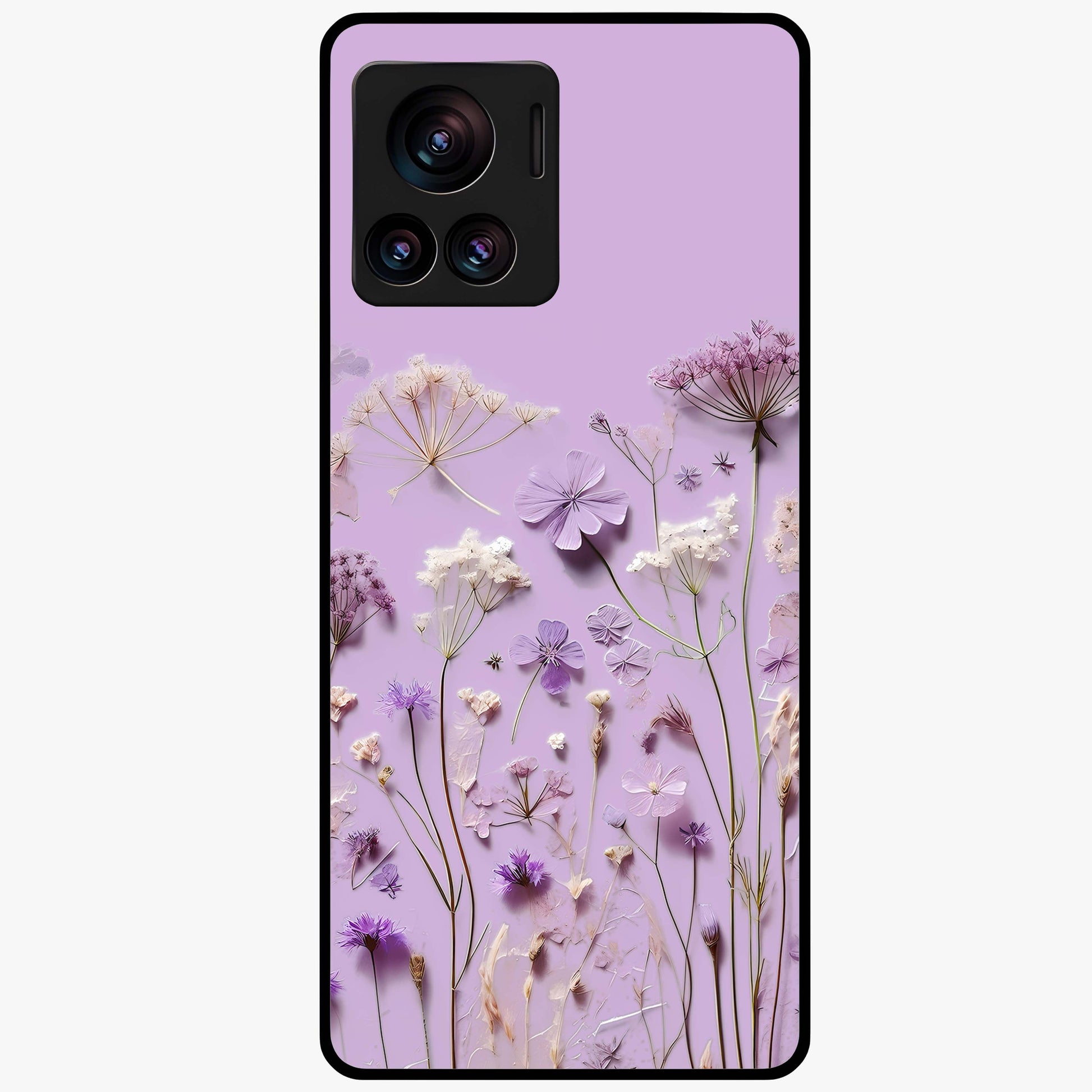 Lavender Blossom Dream Glass Case showing flat back view with soft lavender floral artwork and glossy glass finish.
