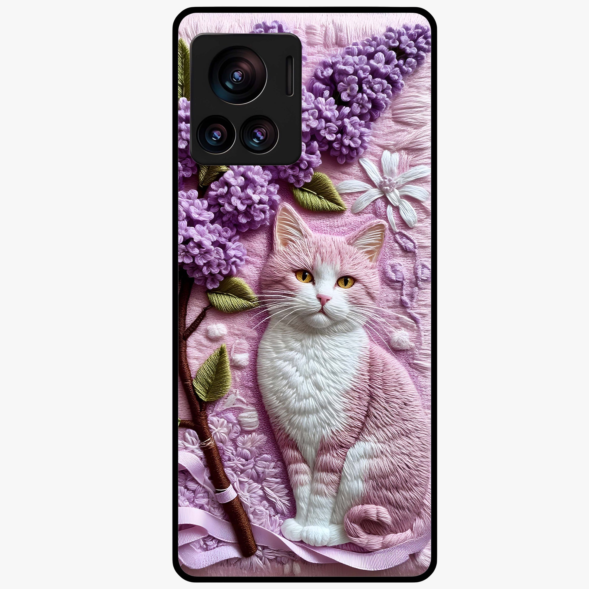 Lavender Cat Whimsy Glass Case showing flat back view with cute lavender cat artwork and glossy glass finish.