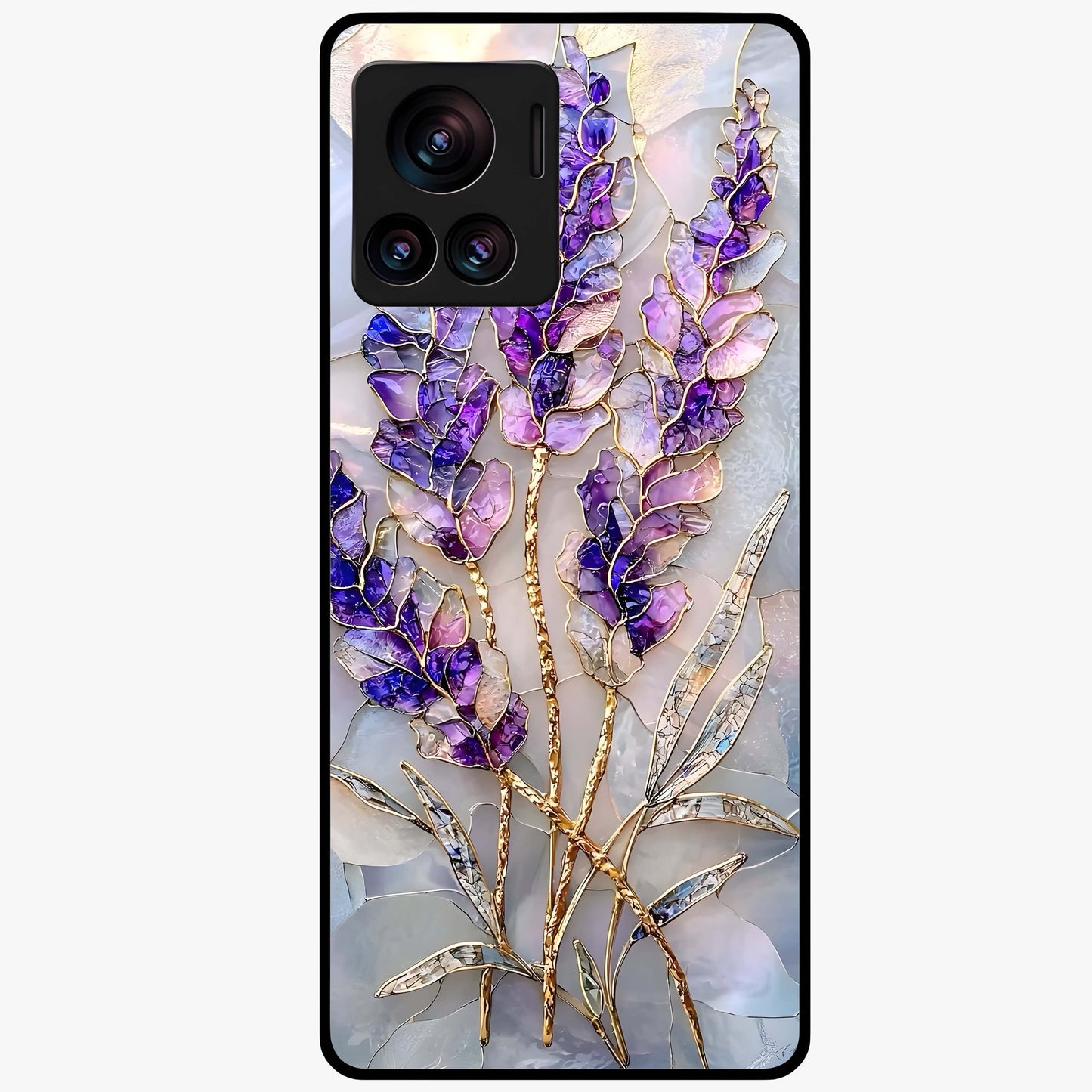 Lavender Dream Glow Glass Case showing flat back view with glowing lavender aesthetic artwork and glossy glass finish.