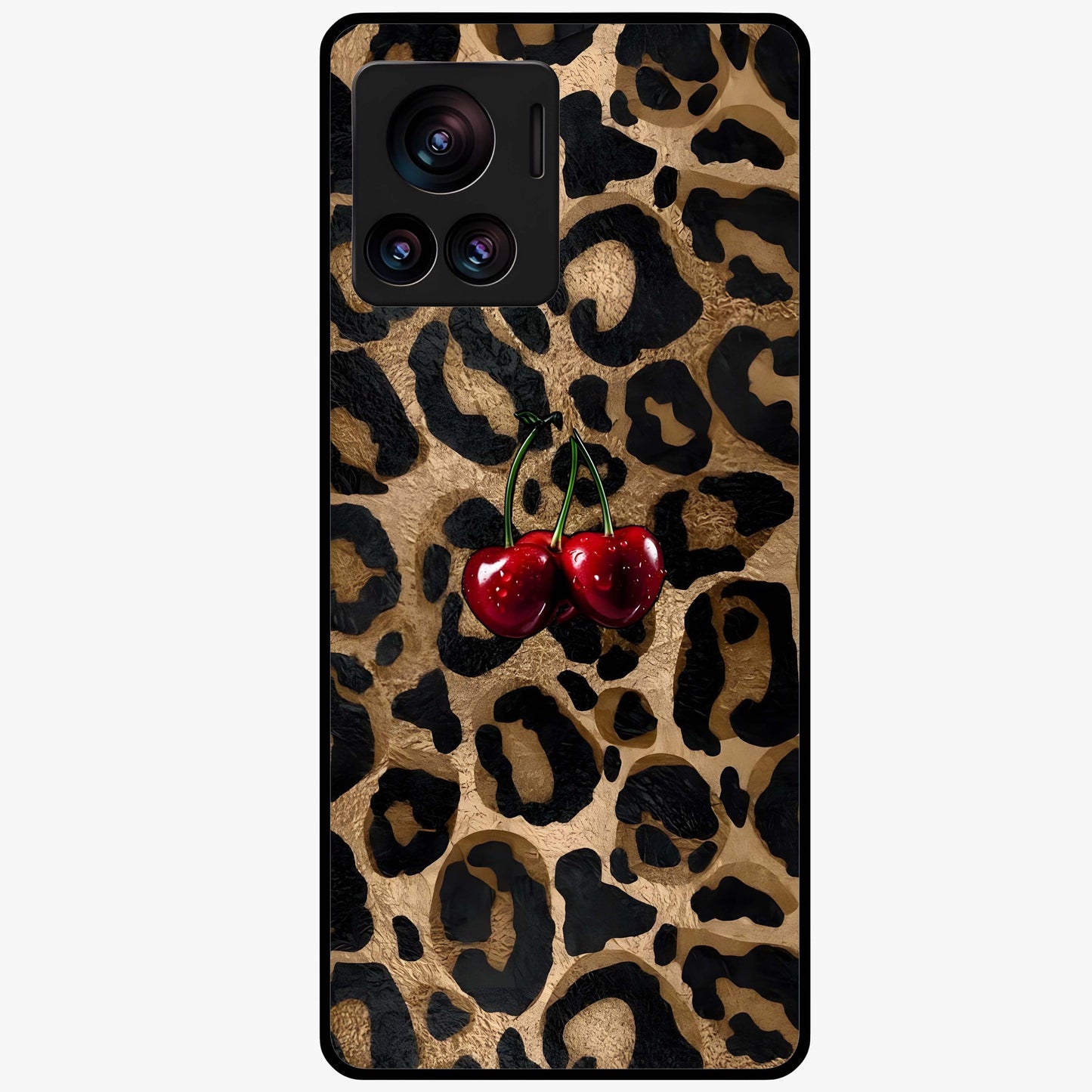 Leopard Wild Cherry Glass Case showing flat back view with leopard pattern and cherry artwork and glossy glass finish.