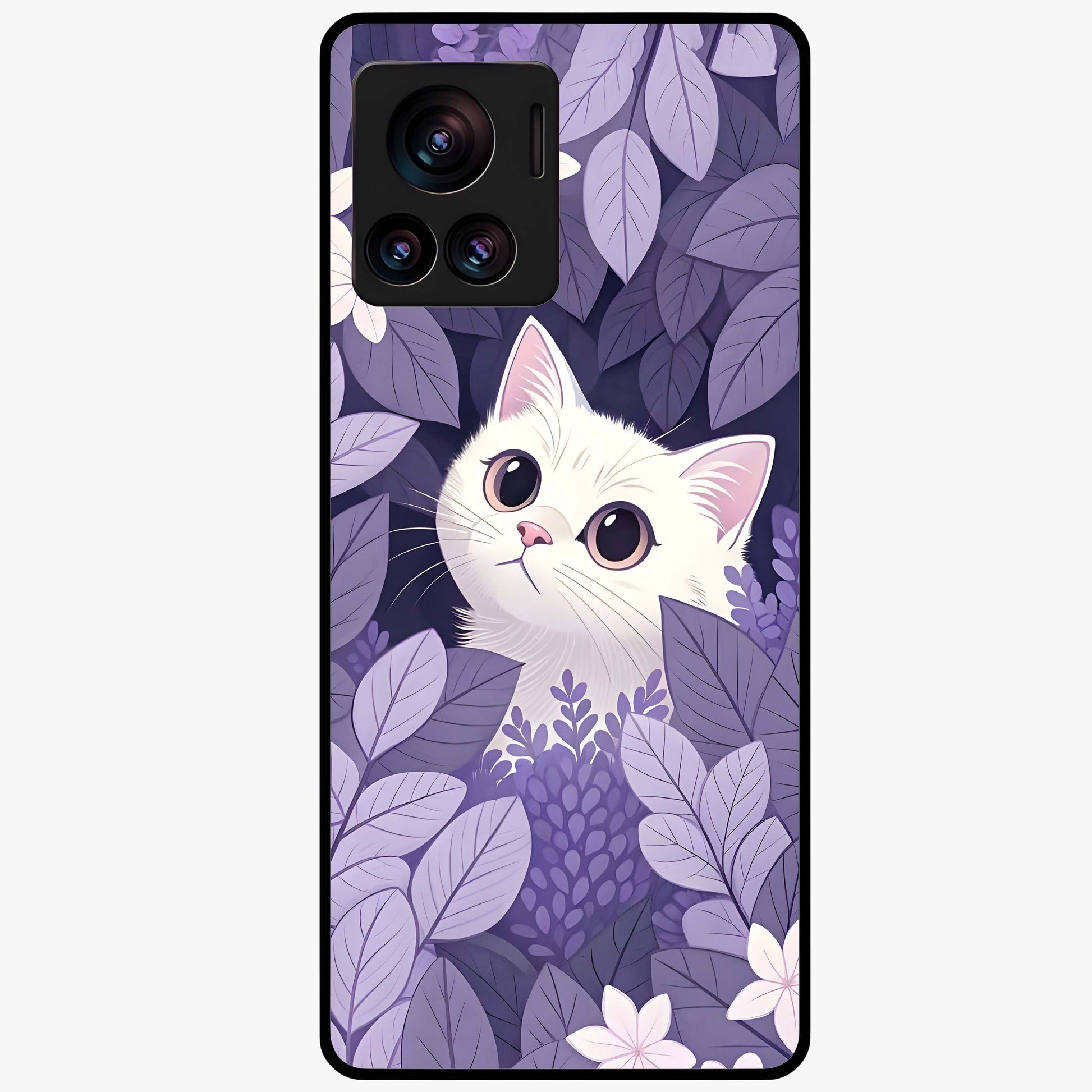 Lilac Hide Peek Cat Glass Case showing flat back view with cute peeking cat artwork and glossy glass finish.