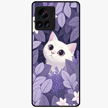 Lilac Hide Peek Cat Glass Case showing flat back view with cute peeking cat artwork and glossy glass finish.