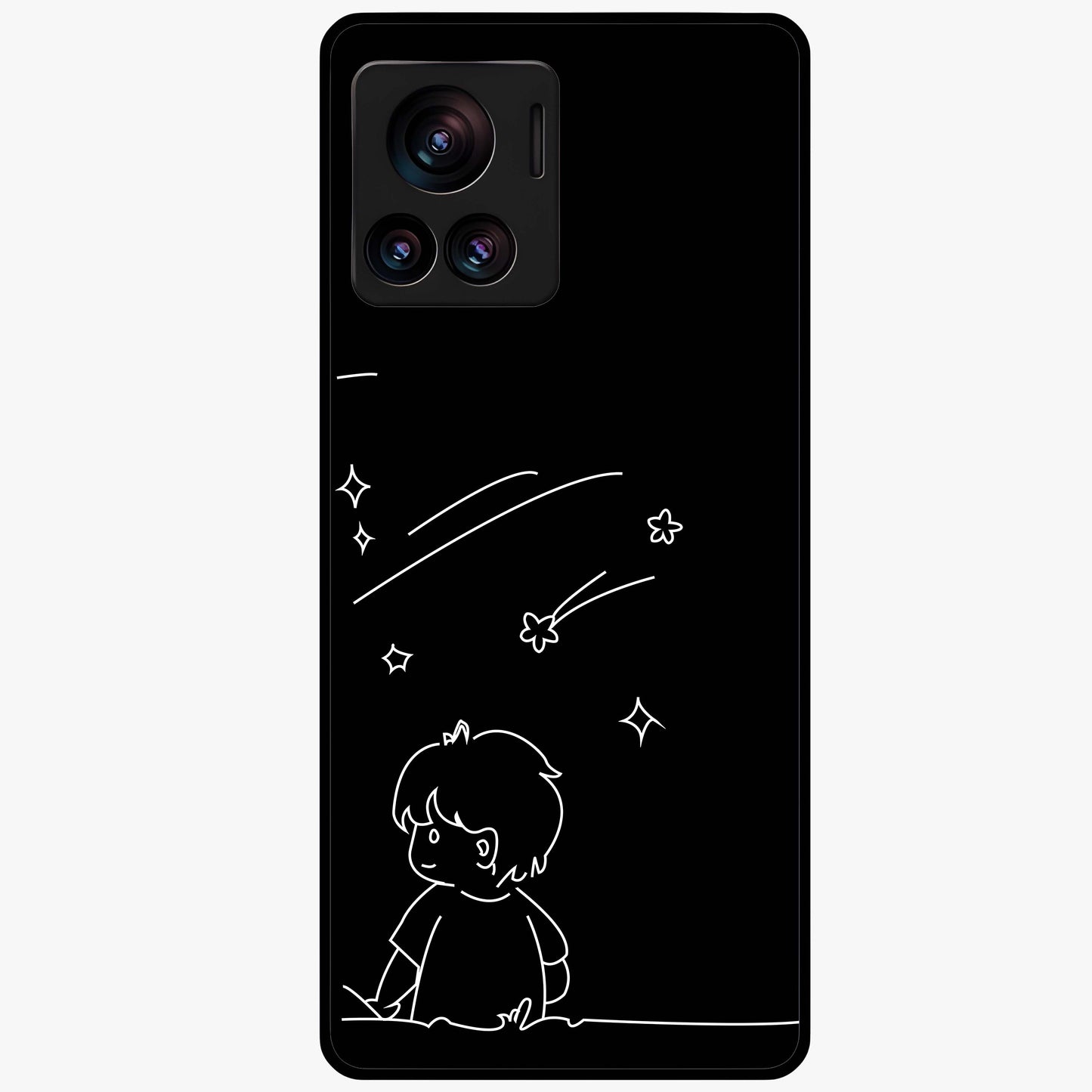 Line Art Boy With Shooting Stars Glass Case showing flat back view with minimal line art boy and shooting stars illustration and glossy glass finish.