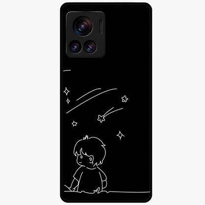 Line Art Boy With Shooting Stars Glass Case showing flat back view with minimal line art boy and shooting stars illustration and glossy glass finish.
