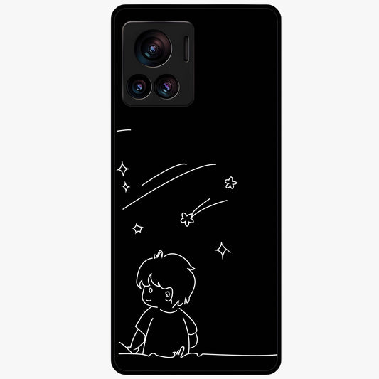 Line Art Boy With Shooting Stars Glass Case showing flat back view with minimal line art boy and shooting stars illustration and glossy glass finish.
