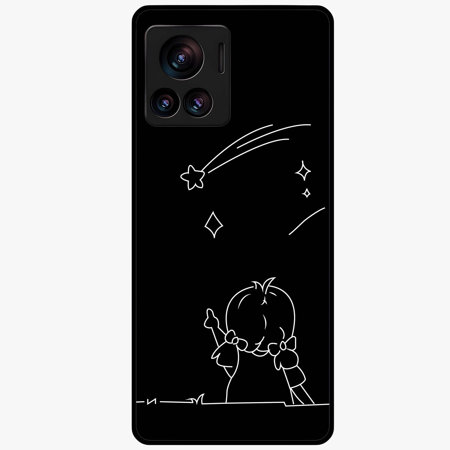Line Art Girl With Shooting Stars Glass Case showing flat back view with minimal line art girl and shooting stars illustration and glossy glass finish.