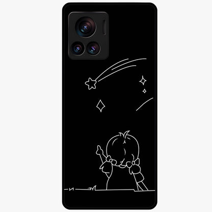 Line Art Girl With Shooting Stars Glass Case showing flat back view with minimal line art girl and shooting stars illustration and glossy glass finish.