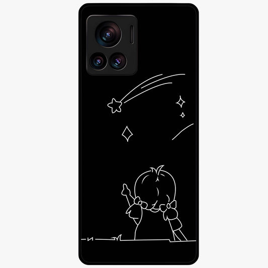 Line Art Girl With Shooting Stars Glass Case showing flat back view with minimal line art girl and shooting stars illustration and glossy glass finish.