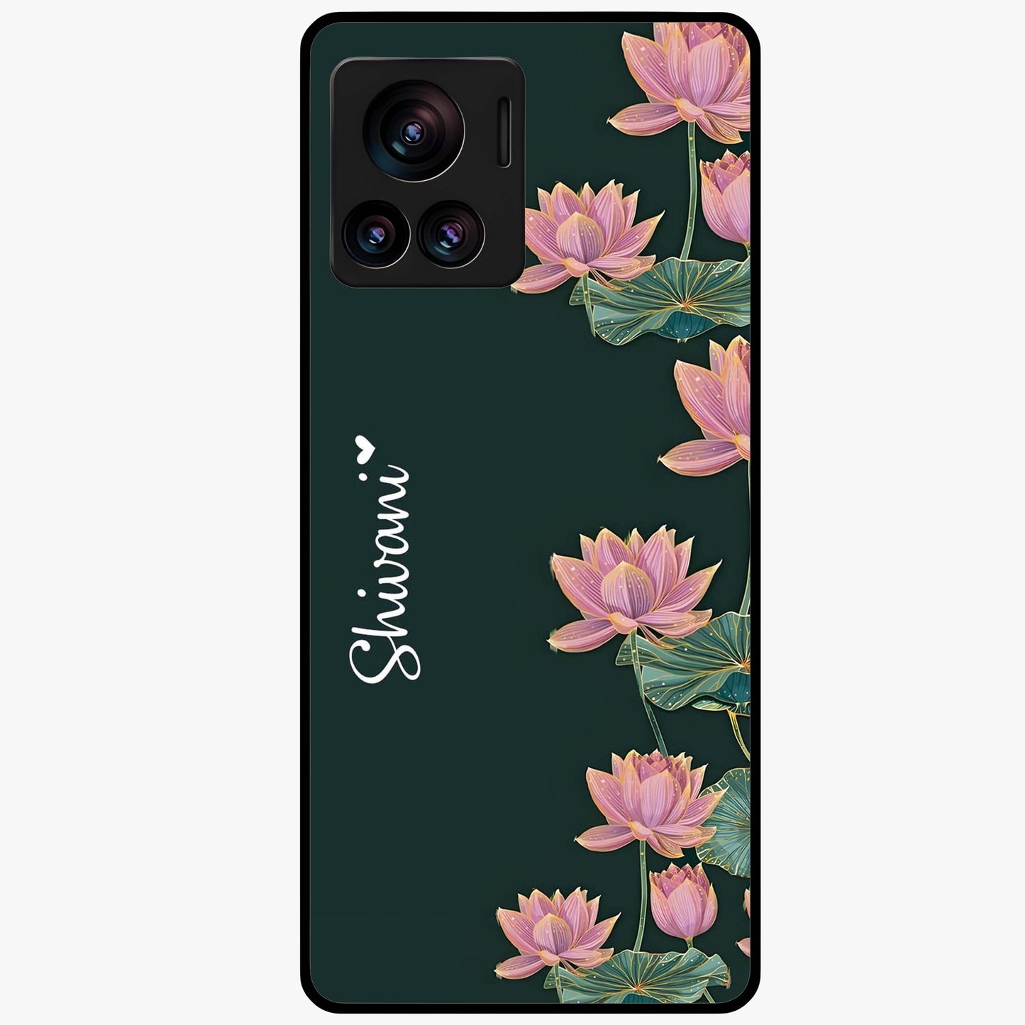 Lotus Bloom Serenity Custom Name Glass Case showing flat back view with elegant lotus flower artwork and personalized name design.