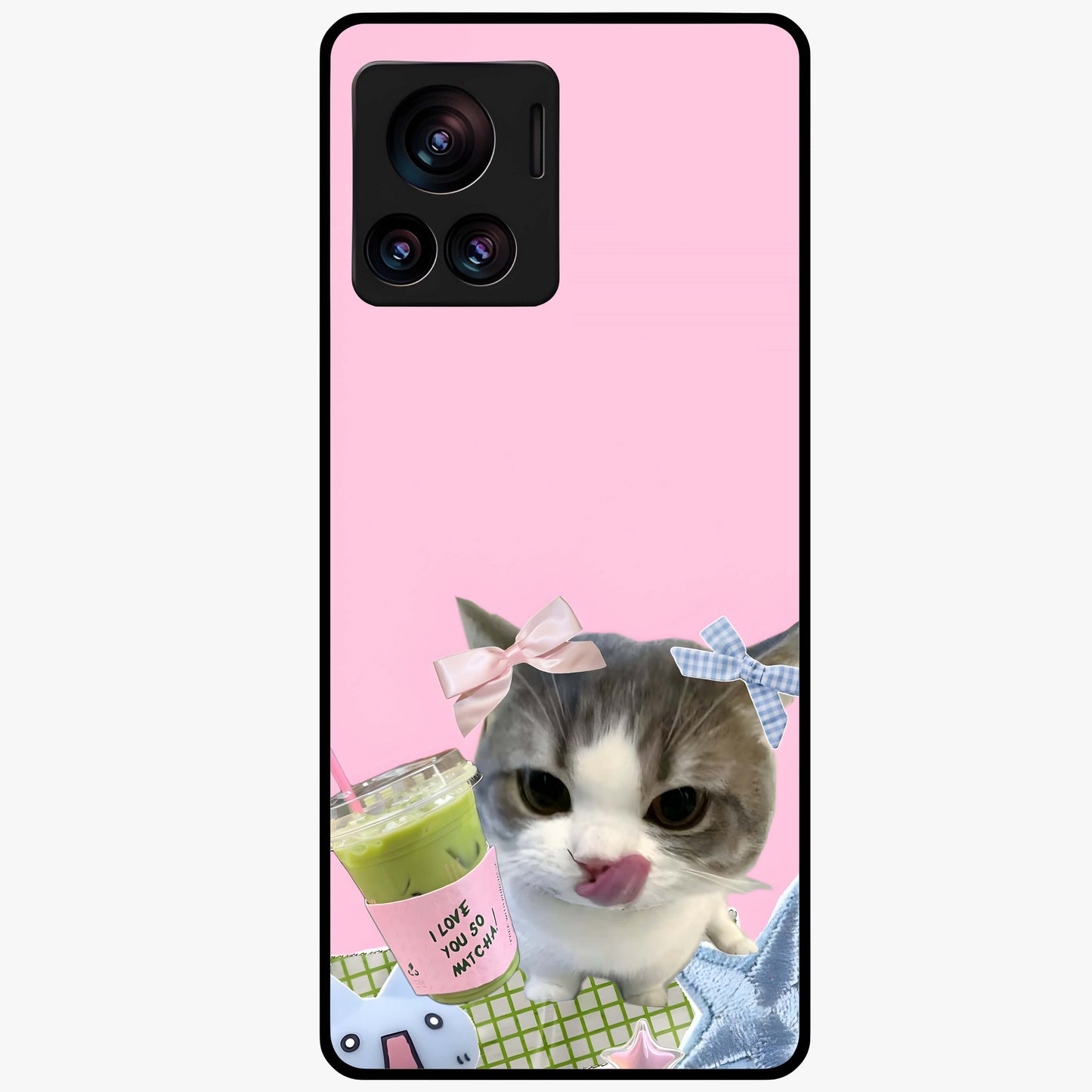 Love Matcha Cat Glass Case showing flat back view with cute cat and matcha themed artwork and glossy glass finish.
