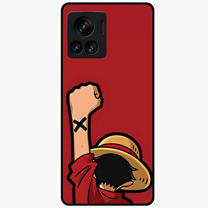 Luffy X Spirit Glass Case showing flat back view with bold anime character artwork and glossy glass finish.