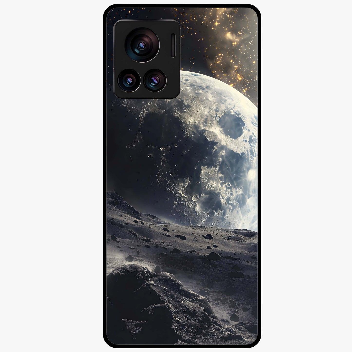 Lunar Horizon Glow Glass Case showing flat back view with glowing moon horizon artwork and glossy glass finish.