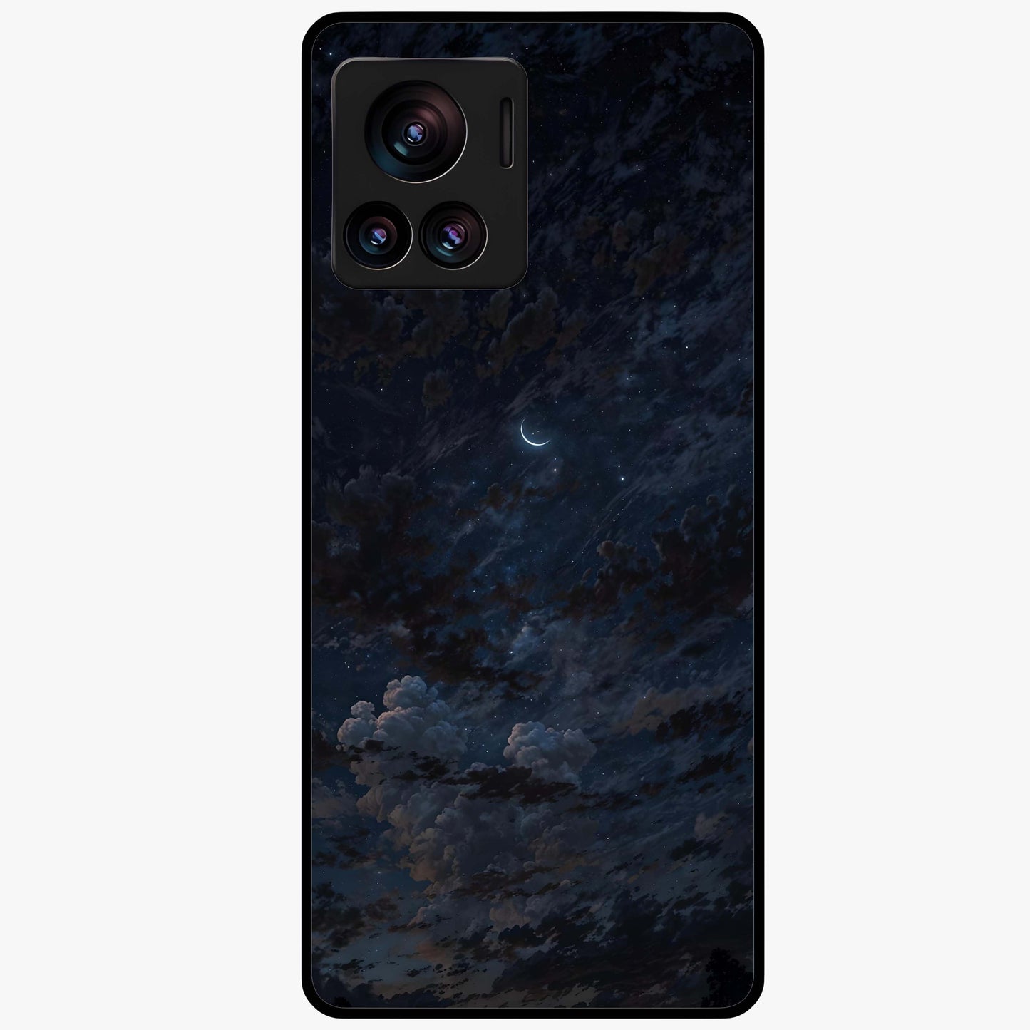 Lunar Veil Silence Glass Case showing flat back view with mystical moon veil artwork and glossy glass finish.